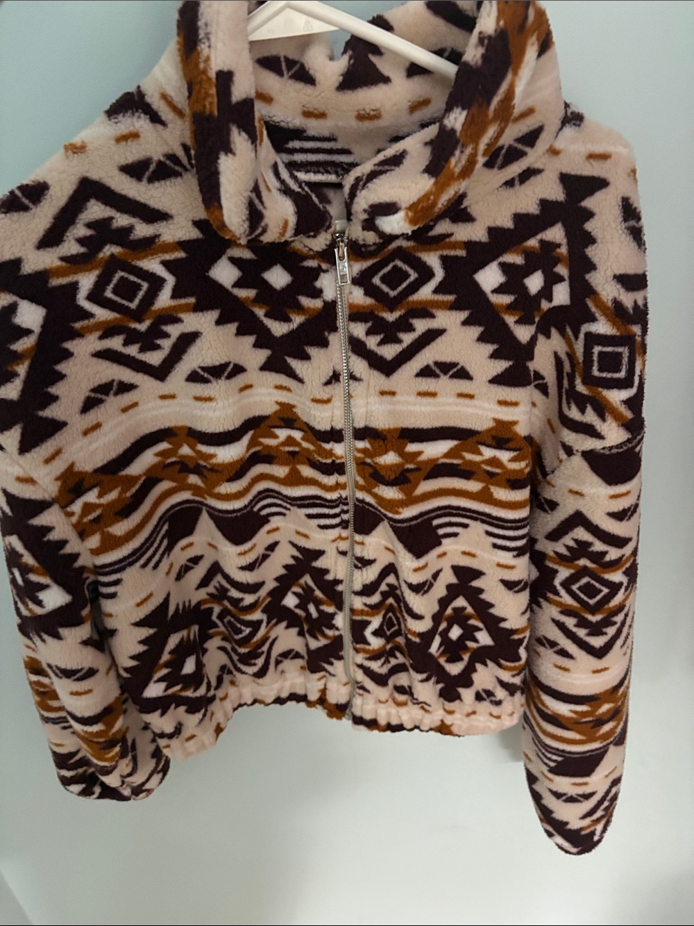 SHEIN Beige Brown Aztec Zip-Up Fleece Jacket